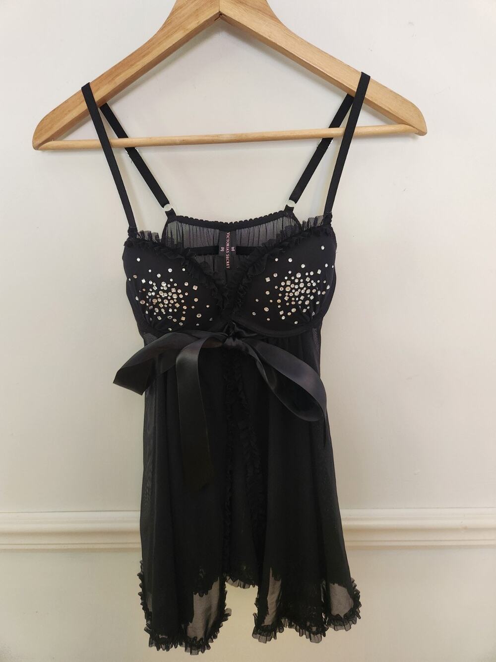 Victorias Secret Lingerie Top 34B 34 B Black Bow Sheer Mesh Fairy Babydoll Teddy